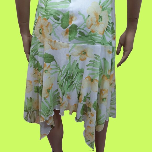 90s Y2K Strapless Floral Mesh Dress Size M White Yellow Green Midi Length Ruched - Picture 7 of 8